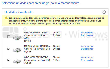 Espacios de almacenamiento, selección de discos