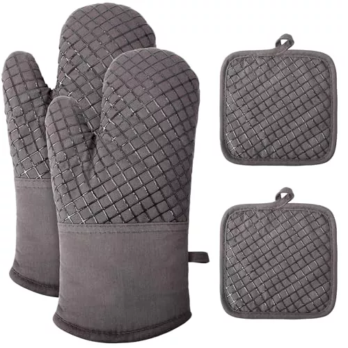 Manoplas Horno, Juego de 4 Manoplas para Horno,2 Guantes de Cocina, 2 agarraderas, Guantes de Cocina Resistentes al Calor y Antideslizantes - Ankway