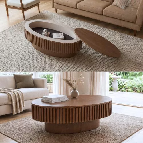 Mesa de café con espacio de almacenamiento 98 cm, mesa de café ovalada