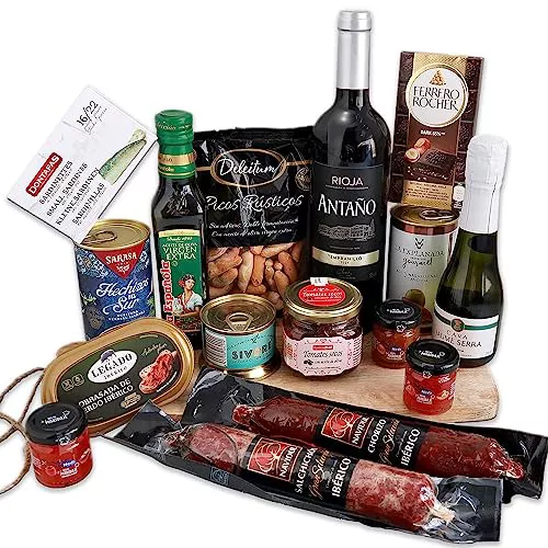 FAMILYCOM. Cesta Navidad para regalar. Surtido Gourmet con Chocolates originales de regalo. Lote de Embutidos Navidul, Conservas, Selección de Vino y Champagne, Aceite de Oliva y Picos gourmet.