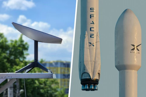 Composición con foto de antena de Starlink y cohetes de SpaceX