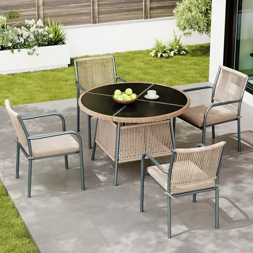 Fppuueg Conjunto Mesa y Sillas Jardín Ratán PE 5 Piezas, Conjunto Jardin Exterior con 1 Mesa de Comedor Redonda y 4 Sillones, Mesa y Sillas Terraza Exterior con Cojines, Marco Metálico, Gris