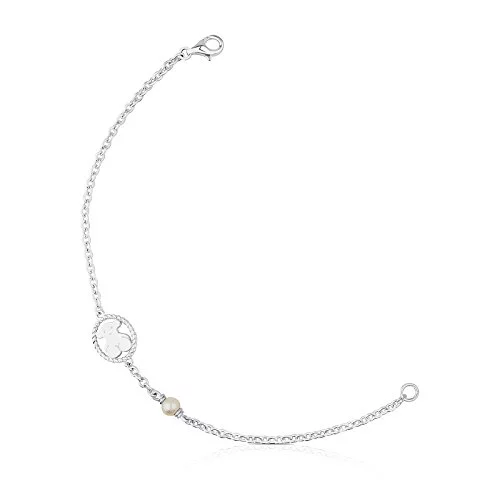 TOUS Pulsera de Plata de Primera Ley para Mujer con Perla y Motivo de Oso, 17,5 cm de Largo, Atemporal y Clásica, Colección Camee