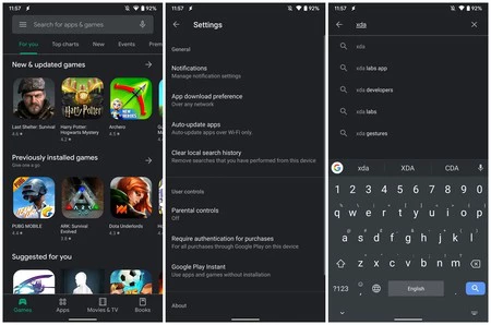 ダークモードのメイン画面、設定、アプリ検索は次のようになります。