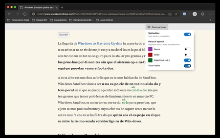 La versión Canary del nuevo Edge para macOS y Windows 10 y permite el uso de las herramientas gramaticales