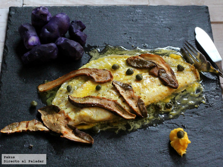 Rodaballo a la plancha con salsa holandesa y boletus. Receta