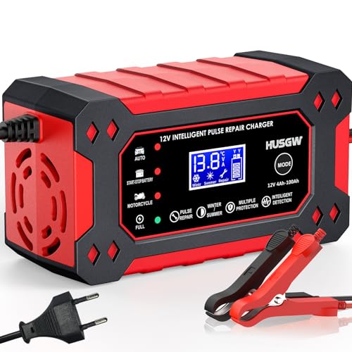 12V6A Cargador de Batería de Coche,Cargador de Batería Inteligente con Pantalla LCD, Múltiples Funciones de Protección,paraAutomóviles,Moto,Camión,AGM,Gel,SLA (2Ah-100Ah)