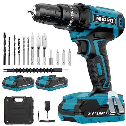 MHPRO Taladro Percutor a Bateria 21V, Taladro Atornillador Bateria con 2x2.0Ah Baterías, Atornillador Electrico 42Nm, 25+3 Ajuste de Par, 14 Accesorios, 2 Velocidad, LED Luz Para Hogar, Bricolaje