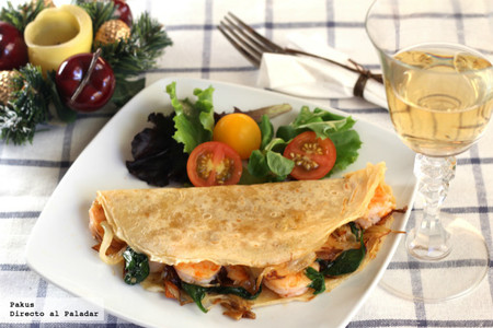 Crêpes con langostinos, espinacas y aceite de albahaca. Receta