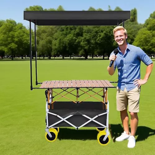 Carro plegable con toldo, carrito de alimentos portátil y mesa de mercado para camping, playa, patio trasero, picnics