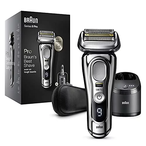 Braun Series 9 Pro Afeitadora Eléctrica Hombre, Máquina de Afeitar Barba con Recortadora ProLift y Cabezal 4en1, Centro de Limpieza y Carga 5en1, Funda, Recargable, Inalámbrica, 9466 CC, Cromo