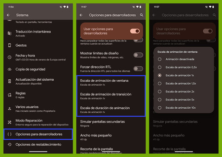 Capturas de pantalla mostrando los pasos a seguir para desactivar las animaciones en Android