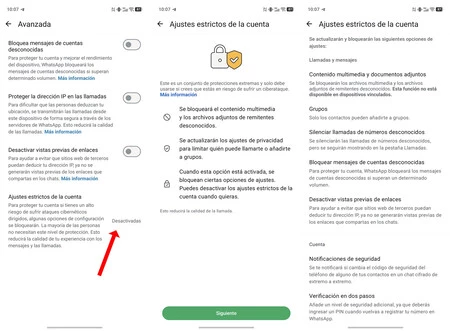 Activación de los ajustes estrictos en WhatsApp