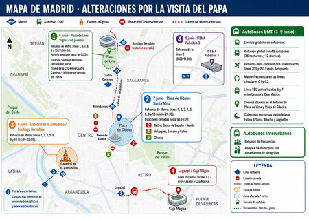Mapa Refuerzo Metro de Madrid visita del Papa