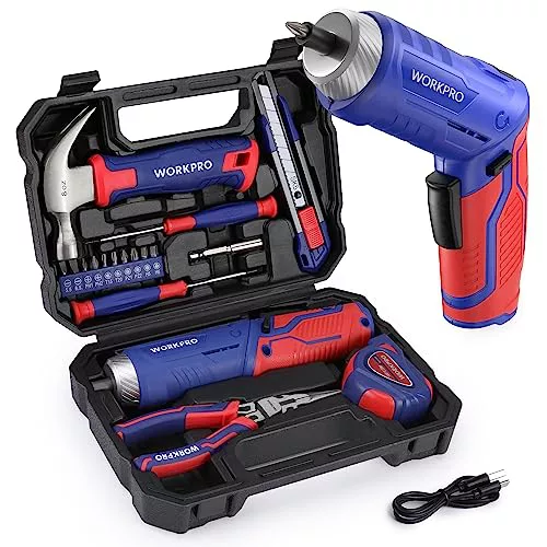 WORKPRO Juego de Herramientas con 3,7V Destornillador Eléctrico, 18pcs Herramientas Domésticas, Maletín de Herramientas con Martillo Alicates Cortador Cinta Métrica Destornilladores y Puntas