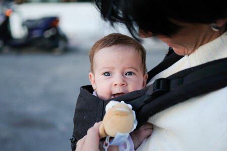 Mother Carrying Her Baby Girl In Baby Carrier Outdoors