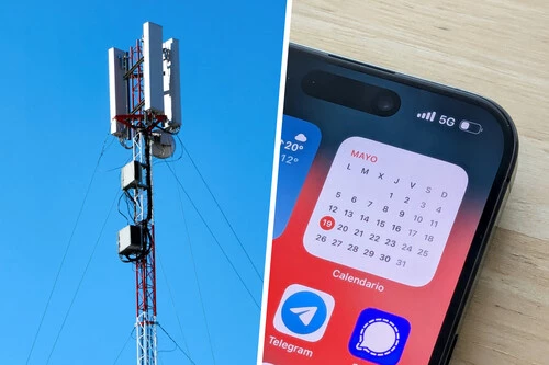 Composición con foto de una antena de telefonía y el indicador de cobertura 5G en un móvil