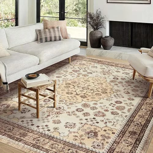 Garvee Alfombra vintage lavable antideslizante – Pelo corto, plegable, resistente a manchas, fácil de limpiar –  Camel, 160x230 cm
