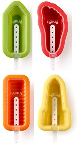 Lékué Set 4 Moldes para helados - Cohete, Espiral, Pie, Lápiz, silicona platino multicolor