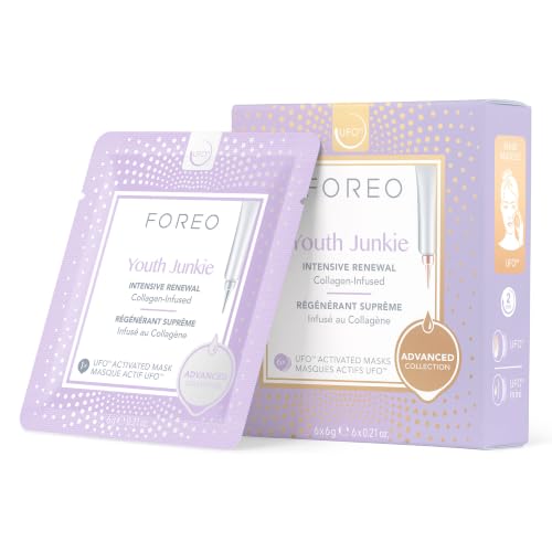 FOREO Máscara facial Youth Junkie Advanced Collection 2.0 UFO-Activated, Hidratante facial, Antiedad, Belleza facial, Colágeno y aceite de oliva, Todo tipo de piel, Piel seca y arrugas, 6 unidades