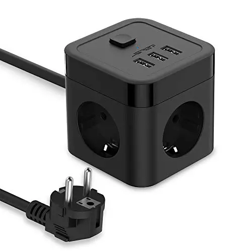 JSVER Cube Regleta Enchufe con USB de 3 Tomas con 3 USB Puertos