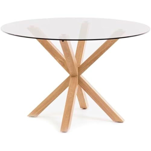 Noorsk Design Mesa Redonda de Comedor de Cristal - Patas Metálicas Acabado Efecto Madera