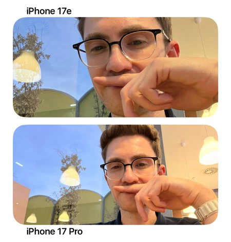 El iPhone 17e tiene menos angular en la cámara frontal, lo que implica que tendrás que alejar más el iPhone de tu cara para conseguir la misma foto