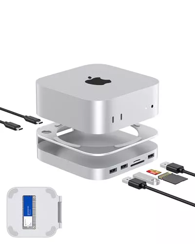 GEWOKLIY Base Mac Mini M4, soporte y hub de aluminio para Mac Mini M4 y M4 Pro 2024 con carcasa SSD M.2 NVMe, 2 USB-A de 10 Gbps, lectores de tarjetas SD/TF, datos USB 2.0 (plateado) │Accesorios