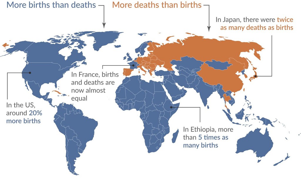 El mapa que parte el mundo en dos: los países que están abocados a la extinción y los que no