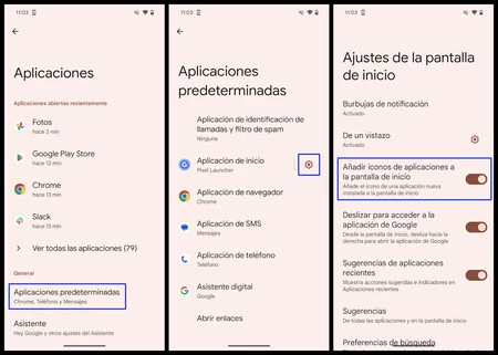 Capturas de pantalla mostrando los pasos a seguir para mostrar las aplicaciones descargadas en la pantalla de inicio de Android