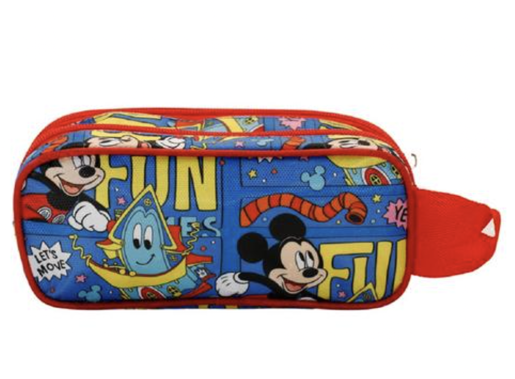 Mickey Mouse - Estuche doble 3D, un portatodo inspirado en Mickey Mouse.

Cuenta con doble compartimento con cremallera y forro en su interior.

Diseño con relieve de tu personaje de Disney favorito.

Dimensiones: 22 x 9,5 x 8 cm, aproximadamente.

Edad recomendada: +3 años.