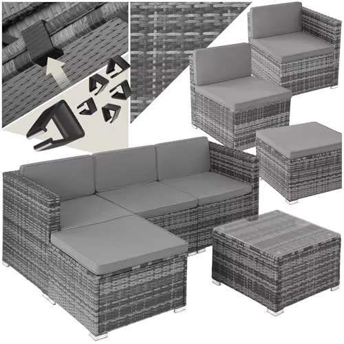 TecTake® Conjunto Jardín en Ratán con Cojines, Conjunto Terraza Resistente a la Intemperie, Muebles Jardín Exterior 1 Banco de 2 Plazas, 1 Tablero con Cristal, Fundas Extraíbles, Fácil Limpieza - Gris