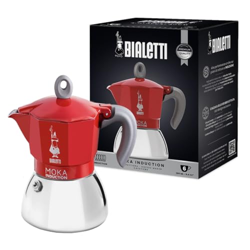 Bialetti - Cafetera Moka de Inducción, Adecuada para todo tipo de Placas, 6 Tazas de Café Espresso (280 Ml), Rojo
