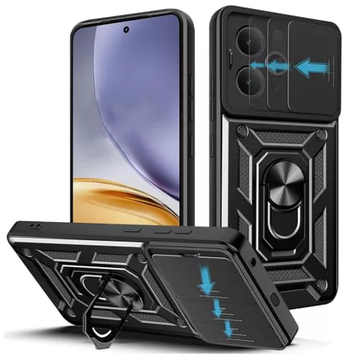 Loyhee Funda para Realme 14T / Realme P3 5G, Protección de la Cámara Carcasa con Cubierta de Cámara Deslizante y Soporte de Anill PC Dura y TPU Silicone Anti-Choque Case – Negro