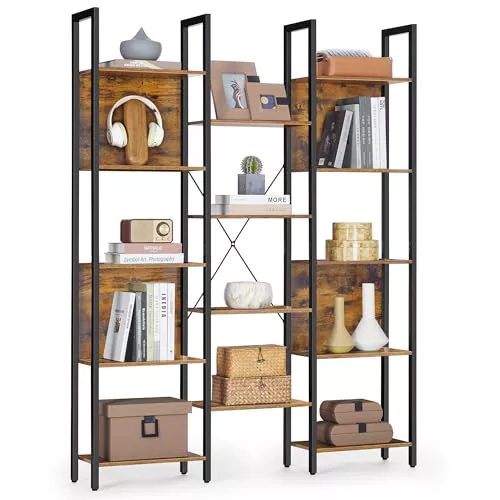 VASAGLE Librería, Estantería de Almacenamiento, con 14 Estantes, Marco de Metal, para Sala de Estar, Estudio, Oficina, Estilo Industrial, 24 x 128 x 166 cm, Marrón Rústico y Negro Tinta LLS157K01