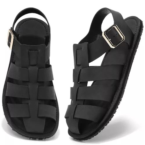 Wizshoe Sandalia Hombres Mujer Barefoot Versátil Moda Punta Cerrada Casual Alpargatas Playa Piscina Mar Moda Planas Slip On Primavera Verano Zapatos Piel Calzado Cómodo Hebilla Negro 41EU