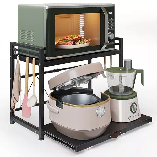 NETEL Soporte Extensible para microondas de 2 Niveles, Soporte microondas con cajones,estanteria Cocina encimera,Microwave Oven Storage Rack，Organizador microondas con 8 Ganchos, Negro