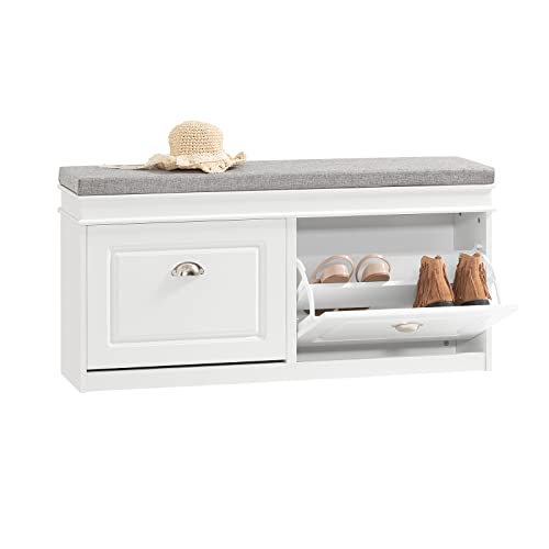 SoBuy Banco Zapatero con Asiento y Almacenaje - Puff Organizador con 2 Solapas, Estrecho para Zapatero Entrada Recibidor, Recibidores de Entrada y Dormitorio, 104x24x52cm Blanco FSR64-W