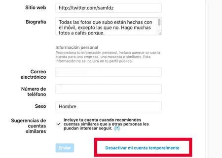 Instagramアカウントを無効にする