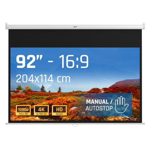 iggual Pantalla Proyección 92" Pulgadas- Enrollable Manual Panorámico- Formato 16:9- Ángulo Visión 180º- Altura Ajustable- Apto Pared/Techo- Compatible 4K y Cualquier Proyector, (203x114 cm)