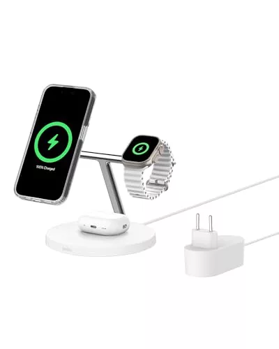 Belkin BoostCharge Cargador Qi2 3 en 1, Estación de Carga Inalámbrica con MagSafe, Base de Carga Qi2 para iPhone 17, Air, Pixelsnap, Apple Watch, AirPods, Fuente de alimentación - Blanco