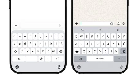 Diferencia de telcados: a la izquierda el de iOS 26 en mensajes y a la derecha el de iOS 18 en WhatsApp Diferencia de telcados: a la izquierda el de iOS 26 en mensajes y a la derecha el de iOS 18 en WhatsApp
