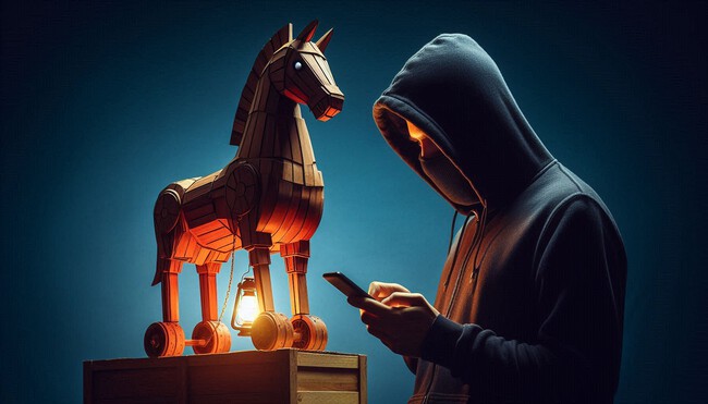 Ilustración decorativa generada con IA de un caballo de Troya y una persona encapuchada usando el móvil