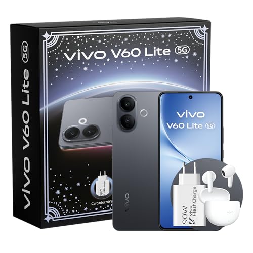 vivo V60 Lite Móvil 5G, 8+256GB ROM, Dimensity 7360-Turbo, Cámara 50MP, Vídeo 4K, Pantalla 6,7’’ 120 Hz AMOLED, Batería 6500 mAh, 90W Cargador+Auriculares Buds air3, telefono móvil con IA, Black