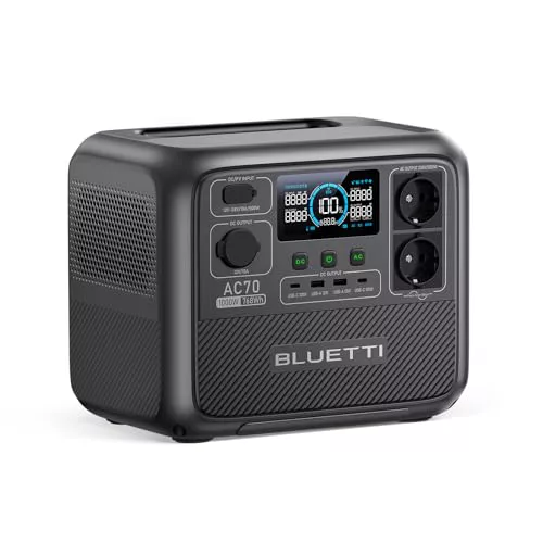 BLUETTI AC70 Generador Solar, Batería LiFePO4 de 768Wh con 2 Salidas AC de 1000W (Power Lifting 2000W), 100W Type-C, Carga Rápida de 45 min. de 0-80%, para Viajes, Camping, Corte de Energía