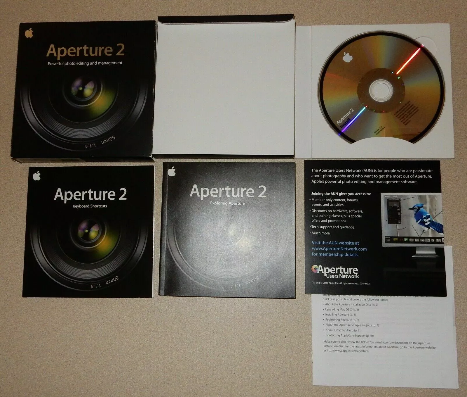 Software retro de edición de fotos Apple Aperture 2 para Mac con caja y manuales