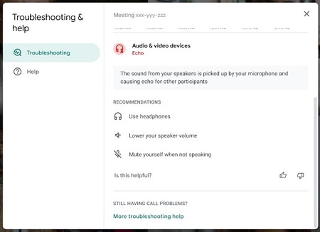 The screen that appears when Google Meet detects that our equipment is producing echo