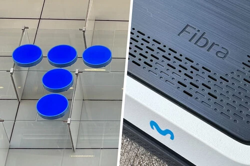 Composición con foto del logo de Telefónica e imagen del router de Movistar