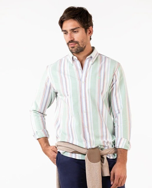 Camisa Oxford de hombre regular rayas multicolor verde
