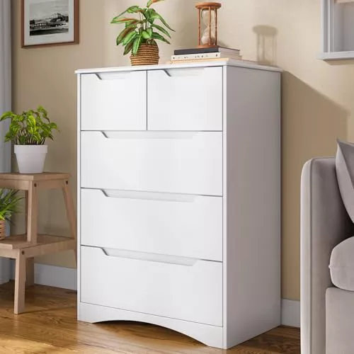 Blishom Cómoda con 5 Cajones, Cómoda para Dormitorio, Organizador Moderno, Mueble de Almacenamiento para Despacho, Salón, Pasillo, 72x41x94 cm (Blanco)